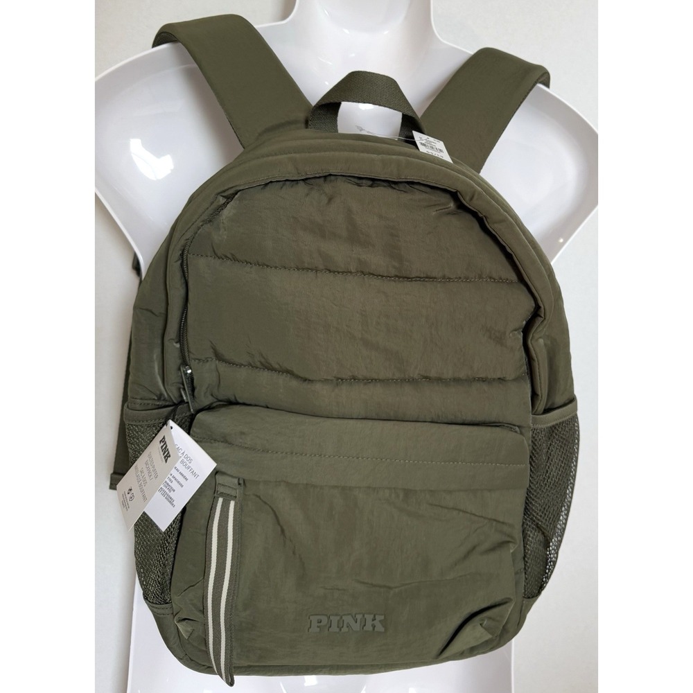 Victoria's Secret Pink Backpack Quilted Puffer Adjustable Strap Safari Green